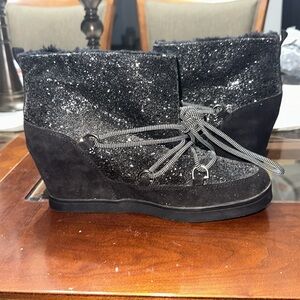 Juicy Couture Mareen Black glitter and suede bling boots, fur lined wedge boot